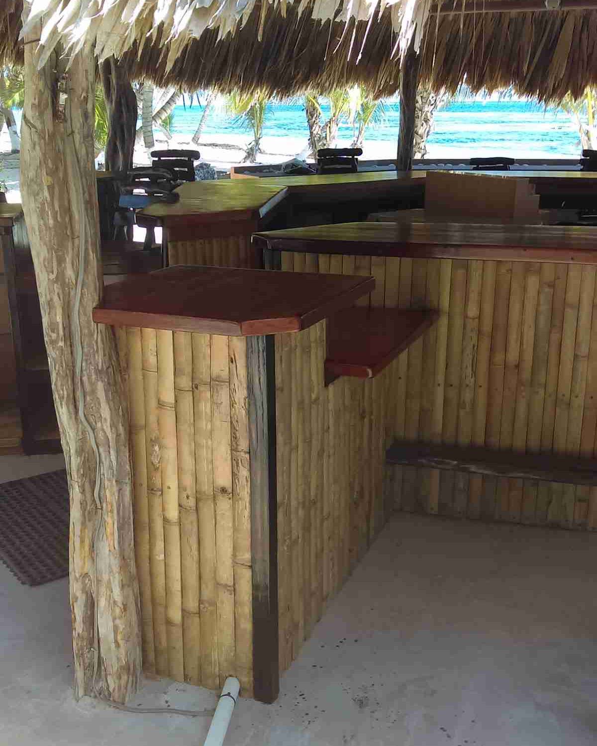 Bar counter clad in bamboo panels under a thatched palapa roof