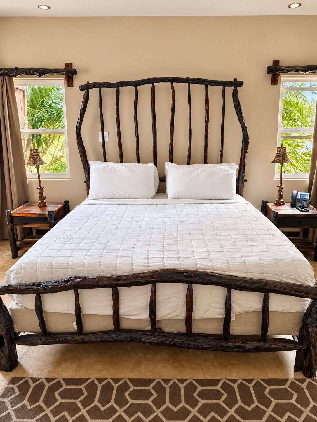 Handmade Belizean logwood bed with a branch headboard and footboard