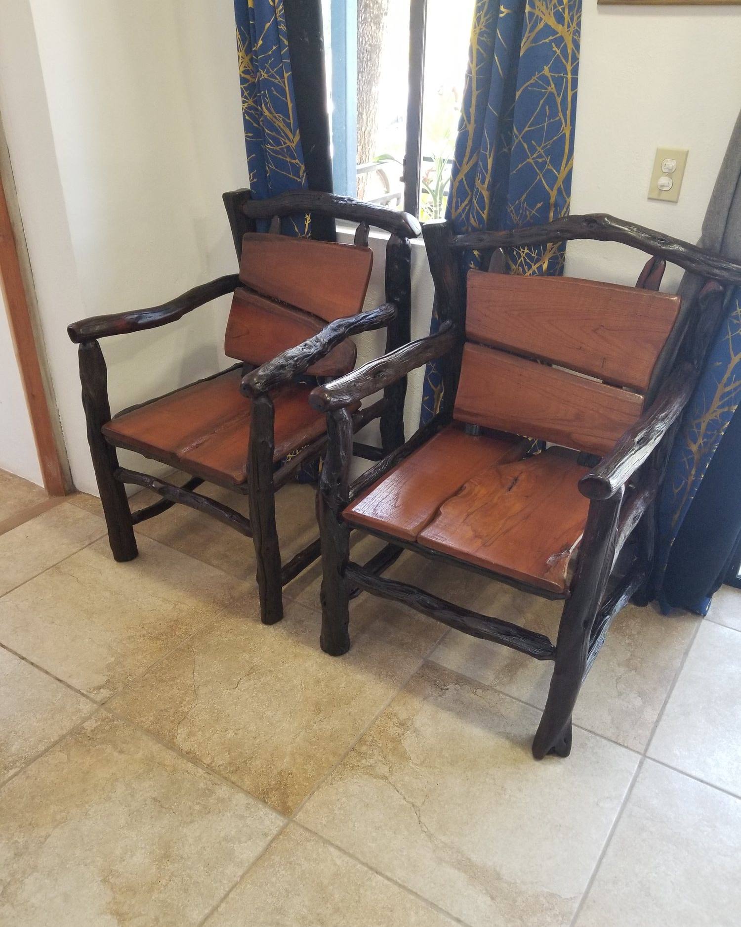 Pair of logwood armchairs with hardwood seats and backs