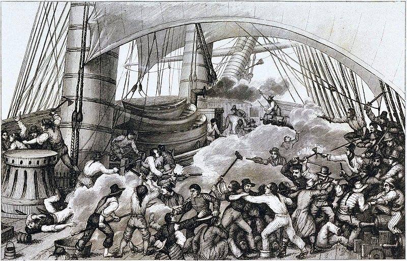 Historic painting of 17th-century sailing ships of the era of the logwood trade